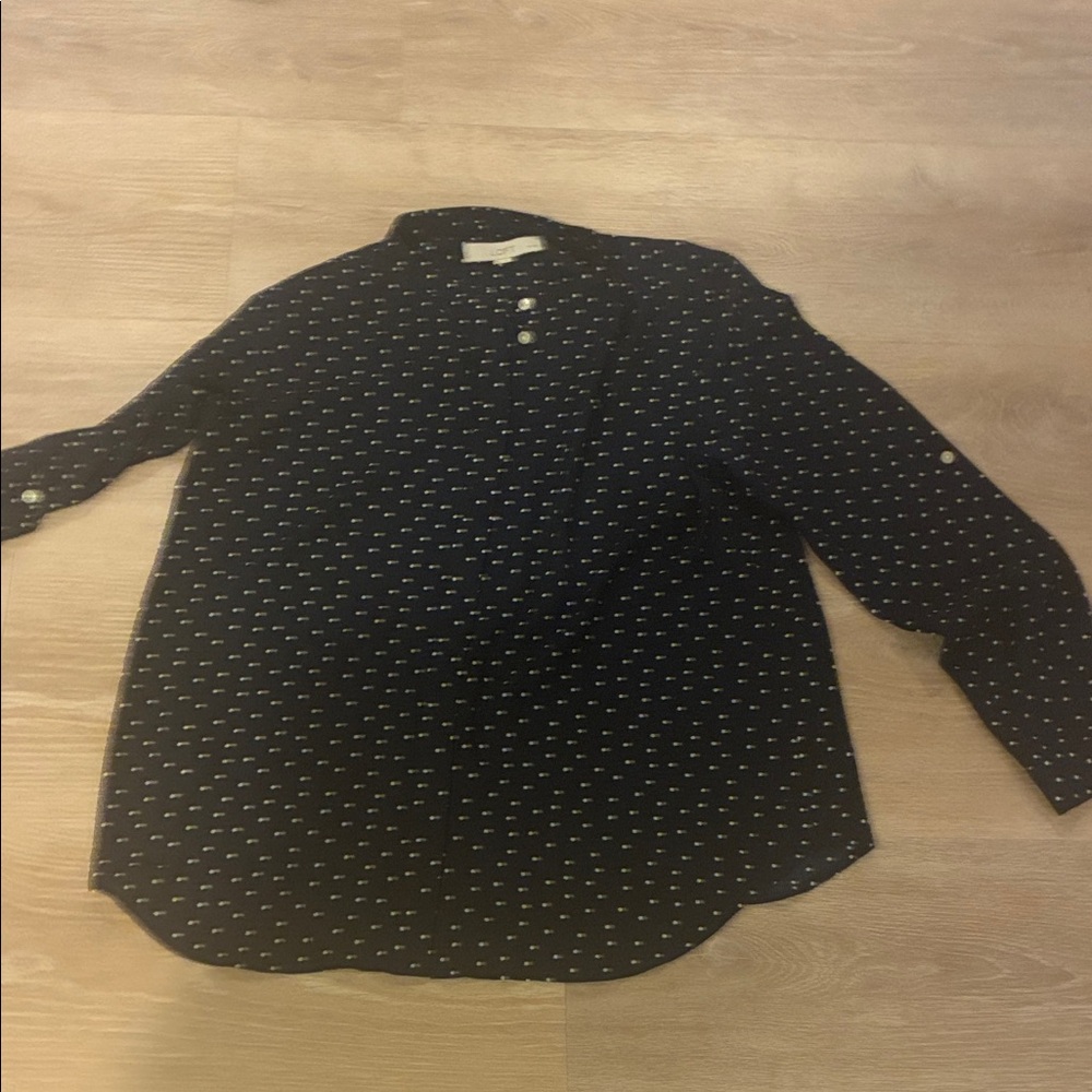 LOFT Fun Timeless Black Polka Dot Hidden Button-Up Chiffon Shirt Size PM New